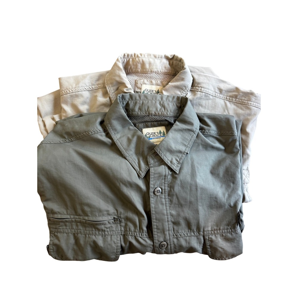 Lot of 2 Guides Choice Mens 2XL Fishing Shirts Khaki Olive Green Nylon Short Slv